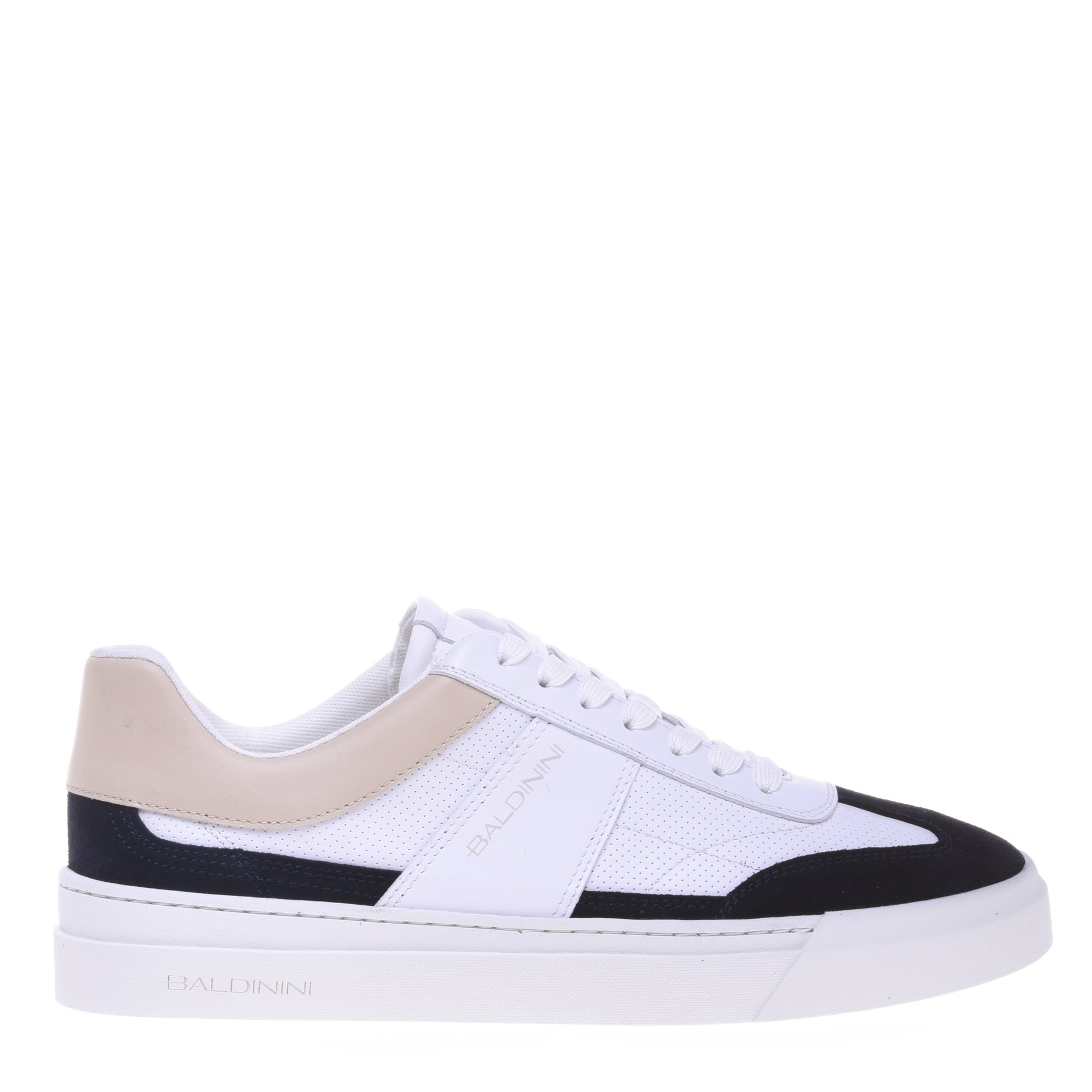 Blue suede and white stamped leather trainer image