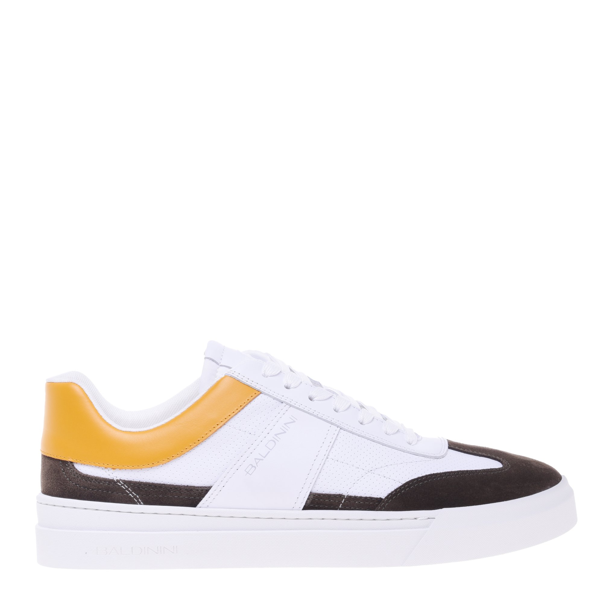 Green suede and white stamped leather trainer image