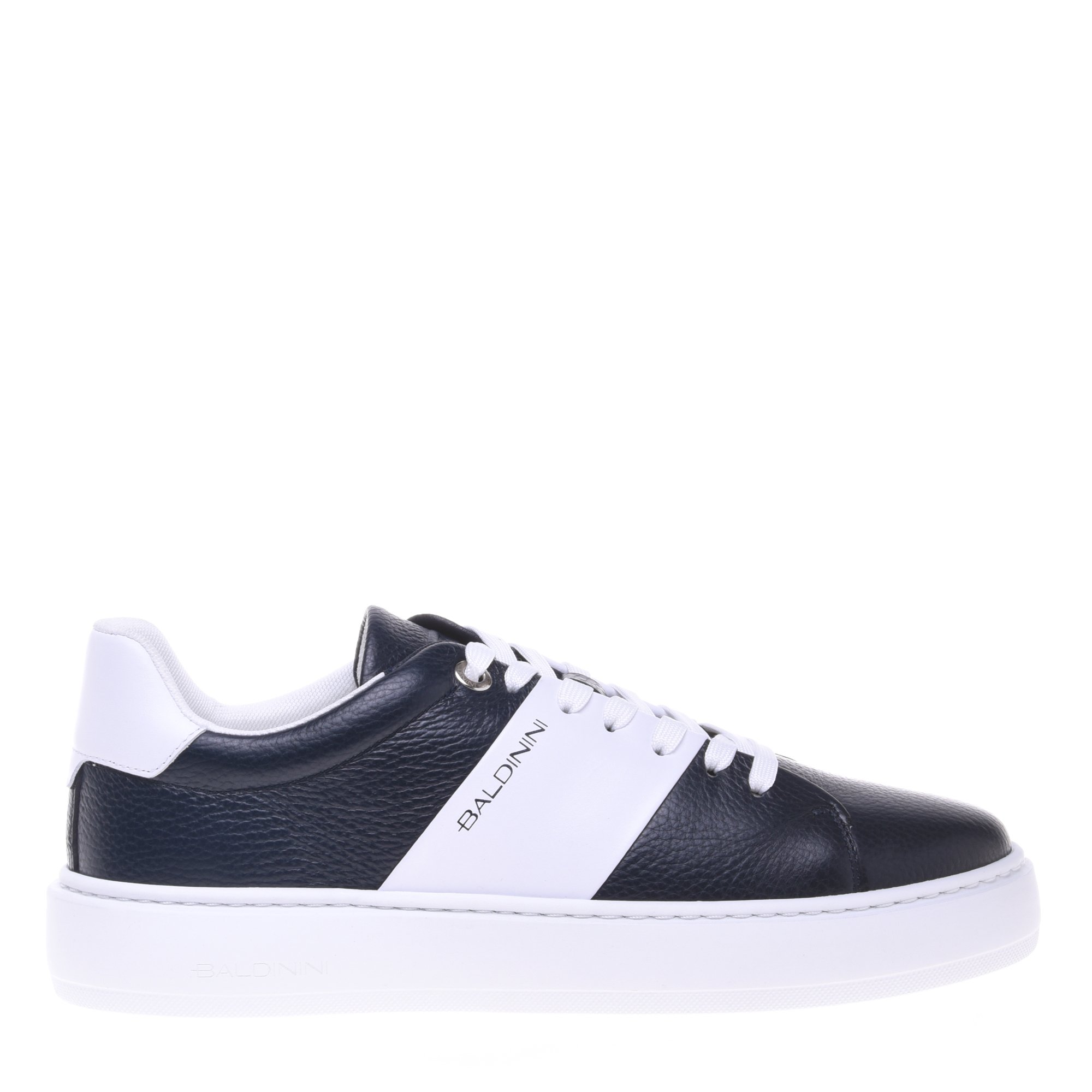 Blue tumbled and white leather trainer image