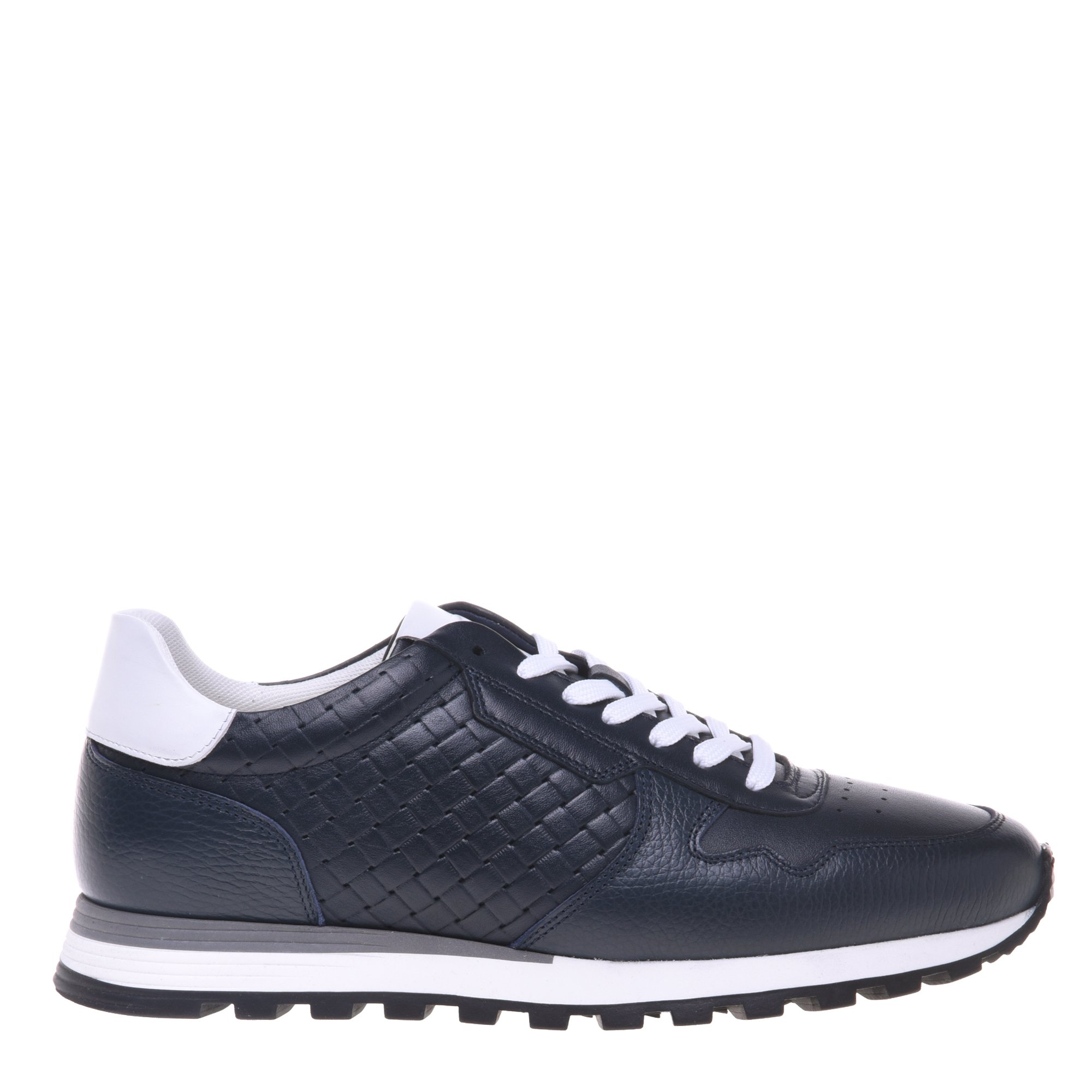 Blue tumbled leather and woven print trainers image