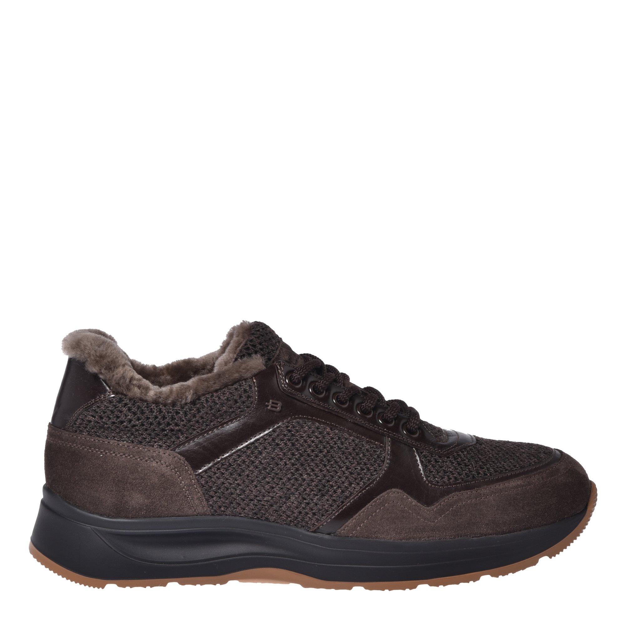 Dark brown suede leather and wool trainers image