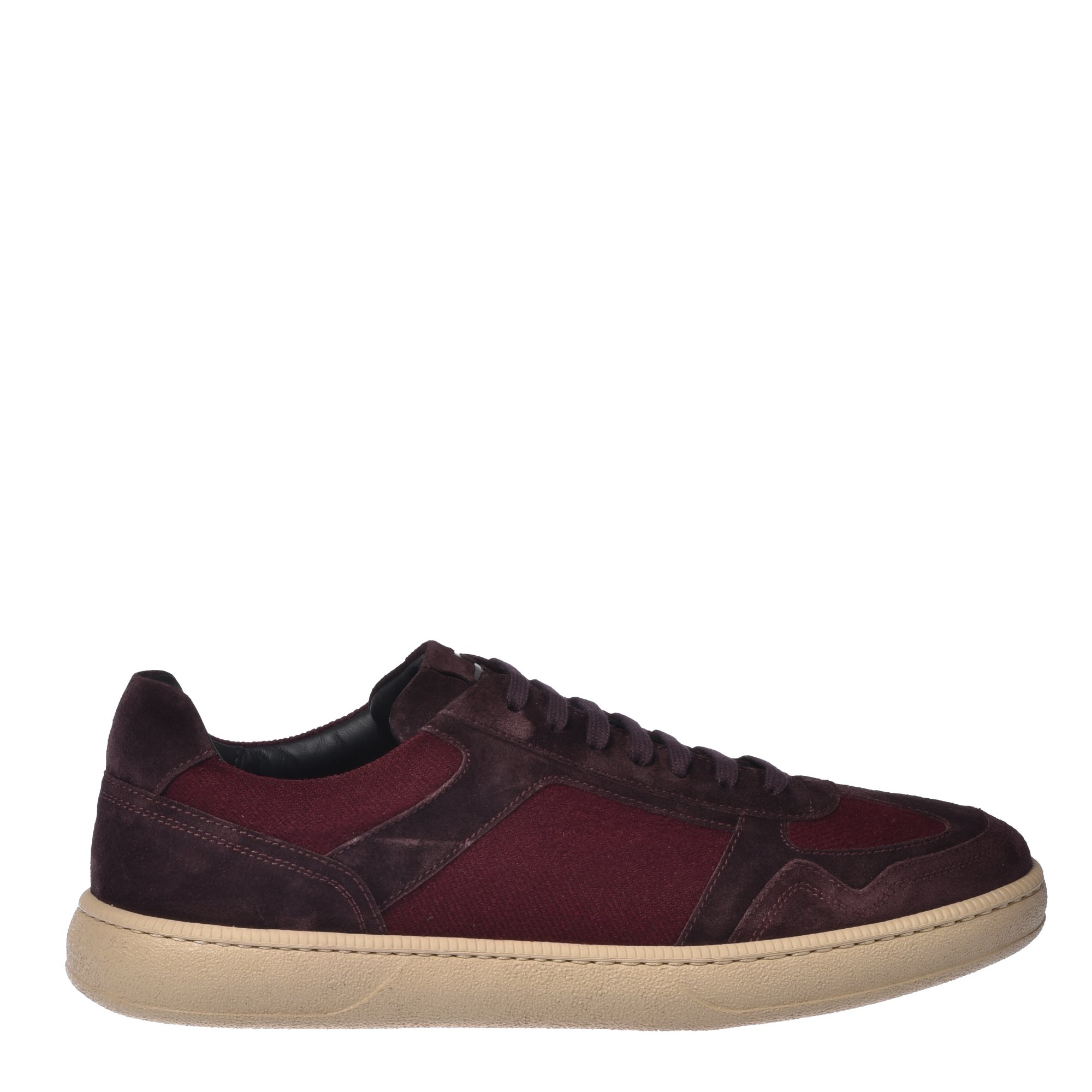 Burgundy suede leather and fabric trainers image