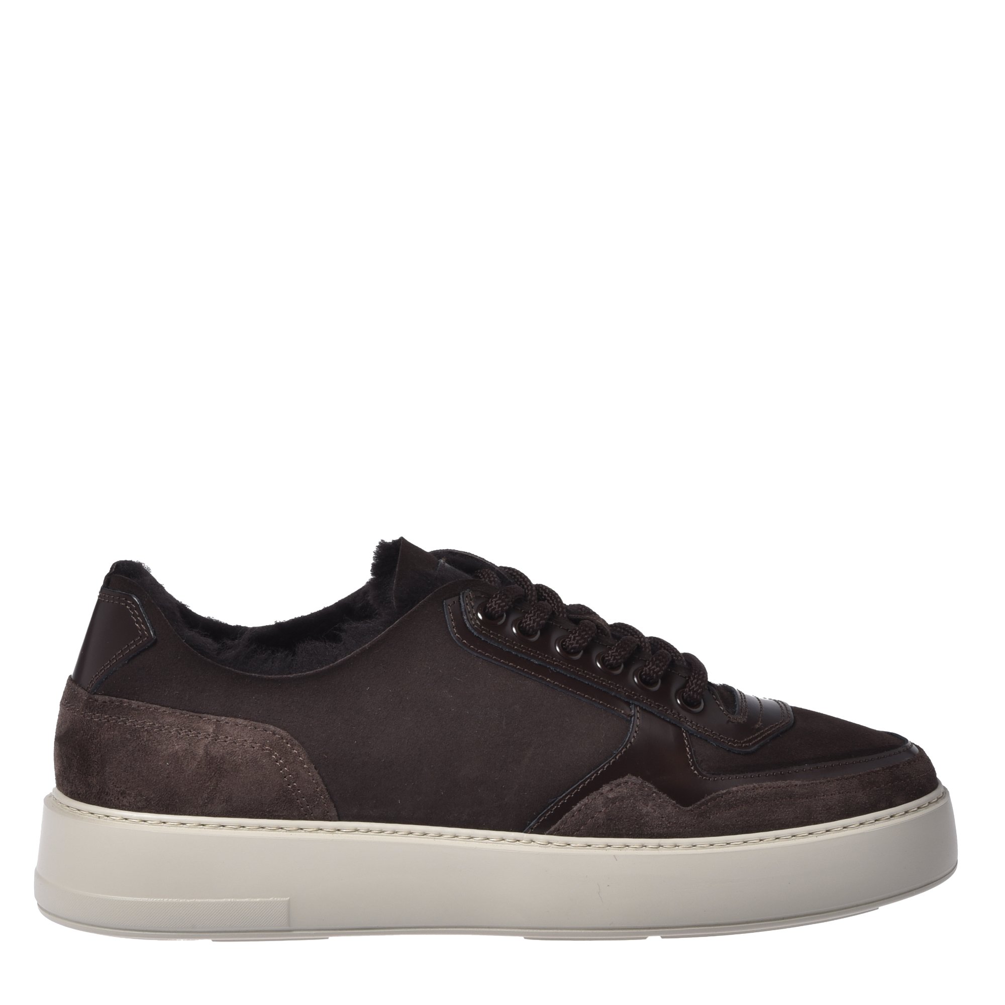 Dark brown suede leather and sheepskin trainers image