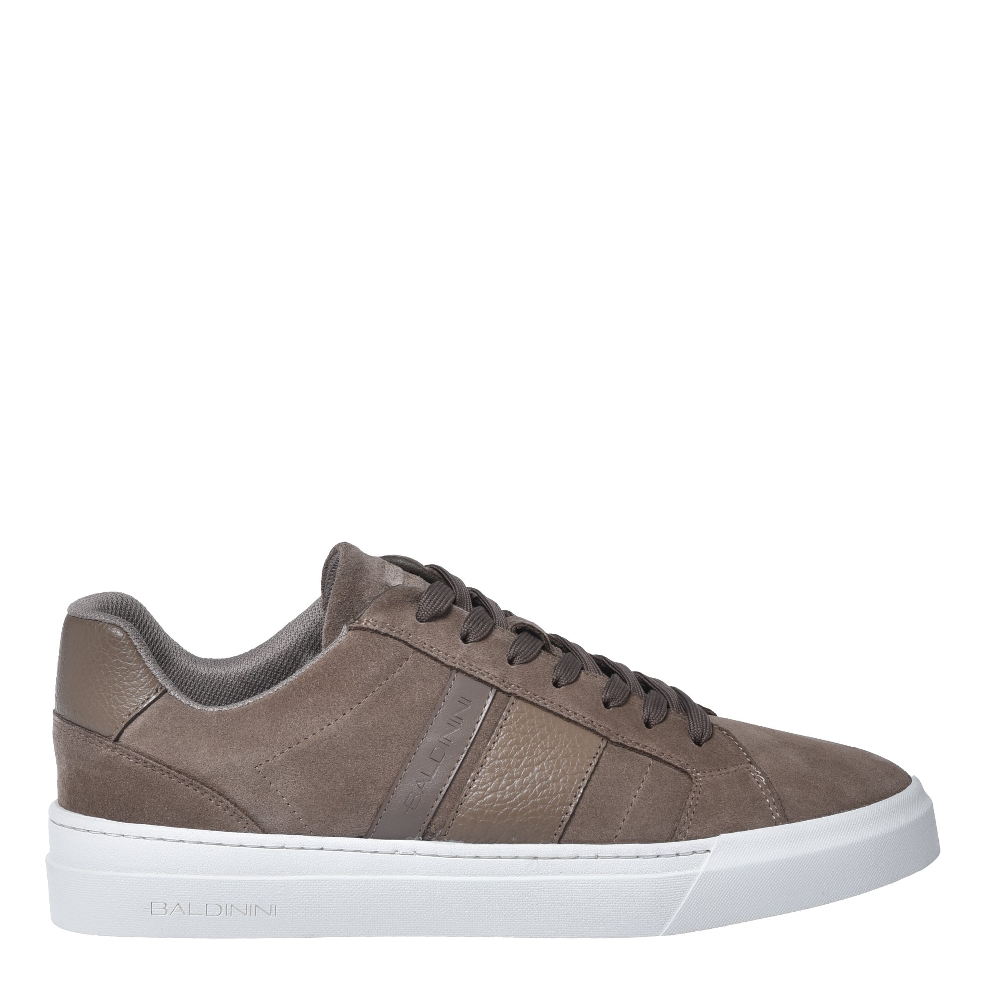 Taupe suede and tumbled leather trainers image
