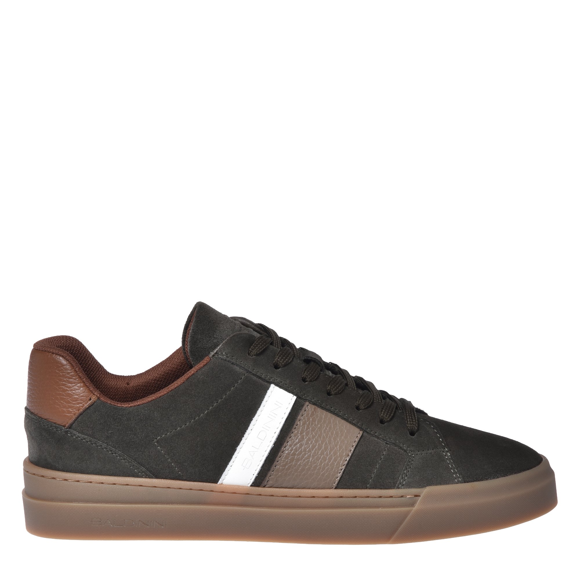 Green suede and brown tumbled leather trainers image