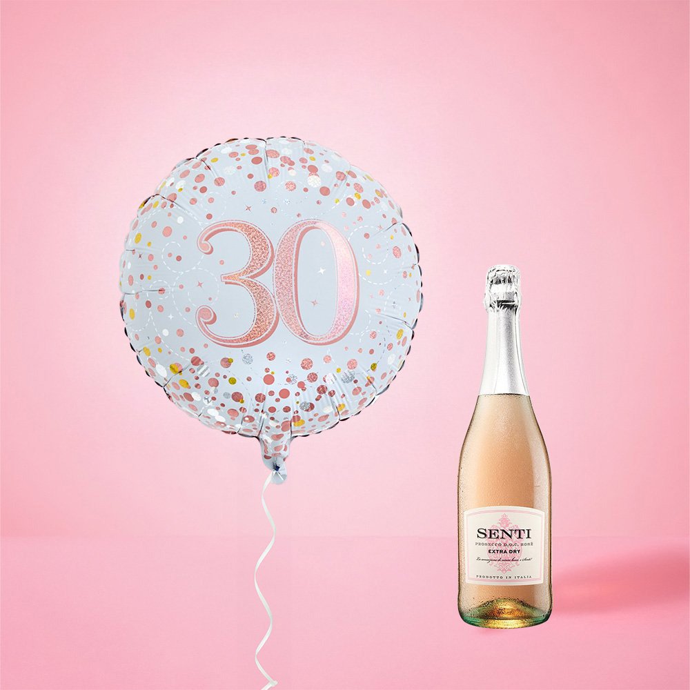 Virgin Wines 30th Birthday Balloon And Prosecco Rose Gift Set