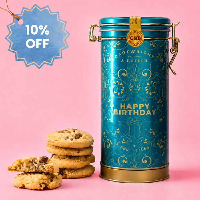Cartwright and Butler Happy Birthday Musical Biscuit Tin & Milk Chocolate Chunk Biscuits 200g