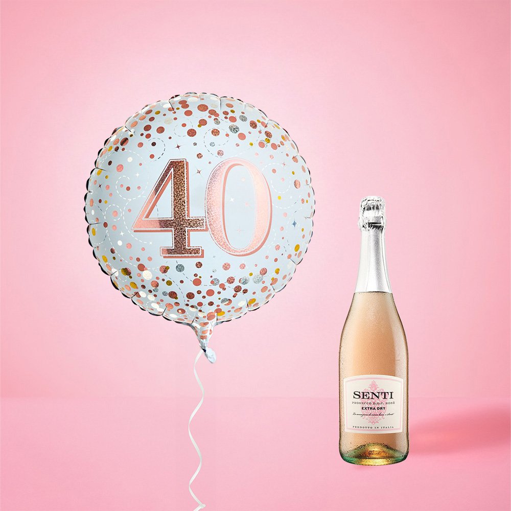 Virgin Wines 40th Birthday Balloon And Prosecco Rose Gift Set