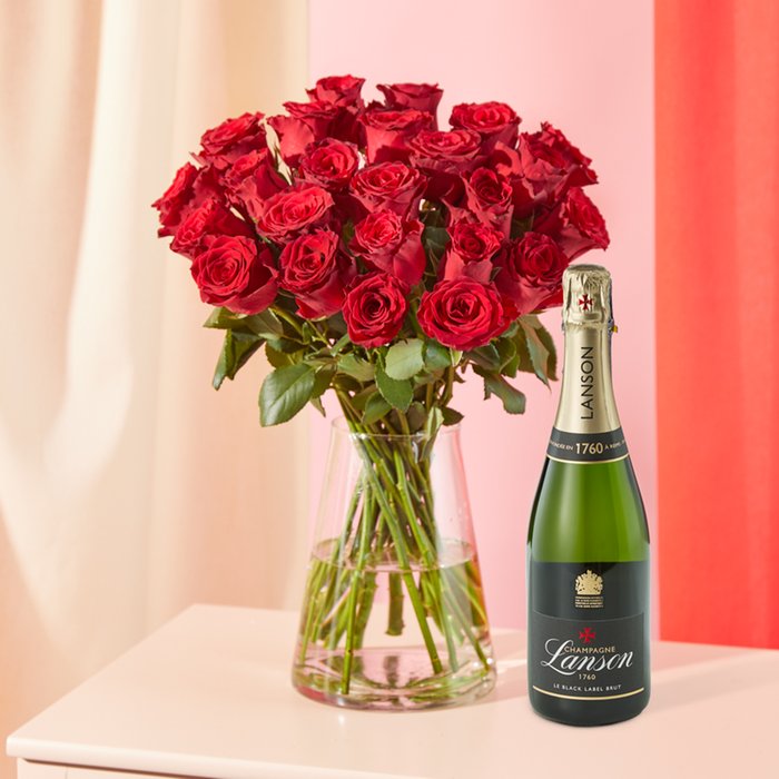24 Red Roses and Lanson Black Gift Set