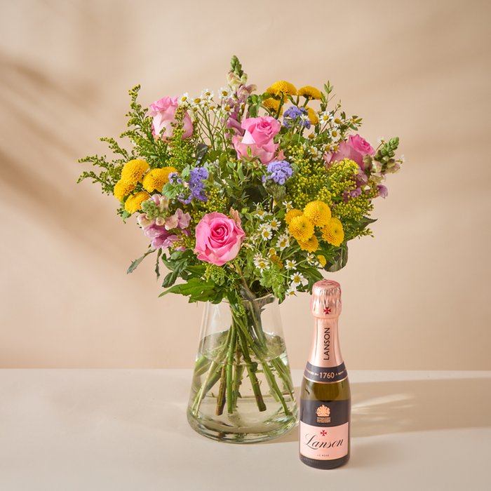 The Meadow Flowers Bouquet & Mini Lanson Le Rose Champagne 20cl Gift Set