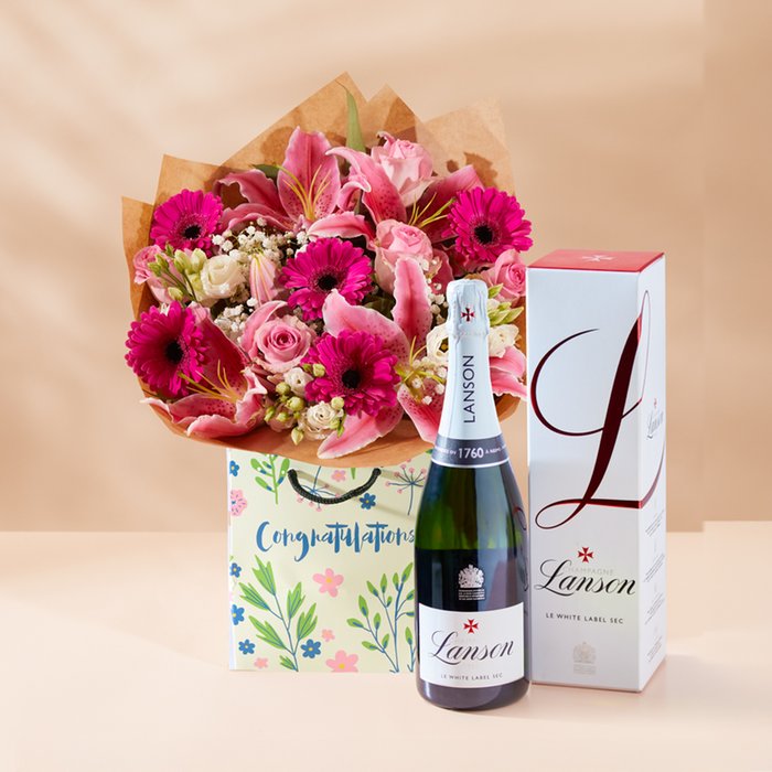 Congratulations Pink Blush Gift Set with Lanson Le White Label Sec Champagne 75cl