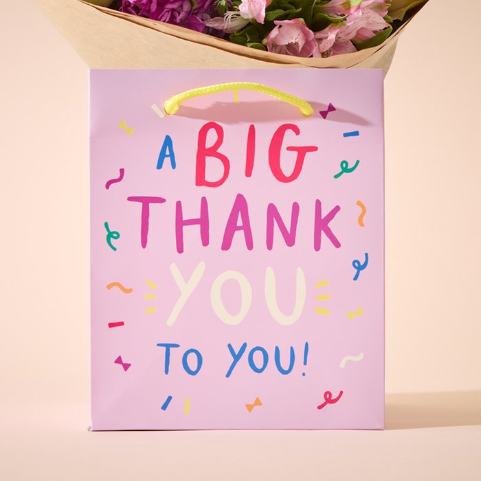 Big Thank You Gift Bag and Pink Bouquet