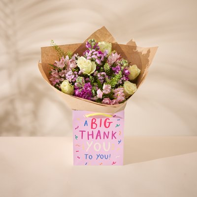Big Thank You Gift Bag and Pink Bouquet