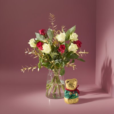 Christmas Mixed Roses & Lindt 200g Gold Bear Gift Set