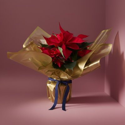Large Red Poinsettia in Gold Gift Wrap
