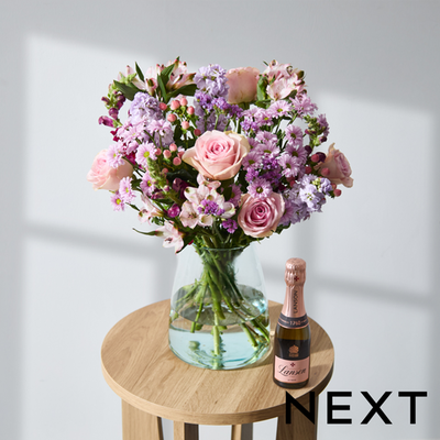 Pastel Pink Rose & Scented Stock Bouquet with Mini Lanson Rose 20cl Gift Set