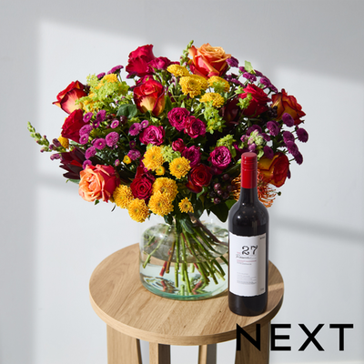 Bold Rose & Santini Mixed Flower Bouquet with Vat 27 Red Wine 75cl Gift Set