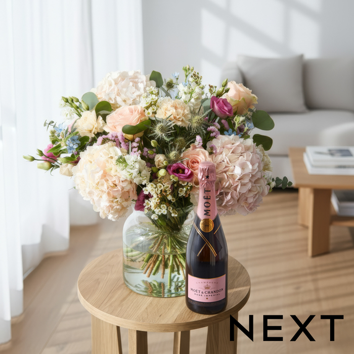 NEXT Hydrangea & Rose Bouquet with Moet Rosé Champagne Gift Set