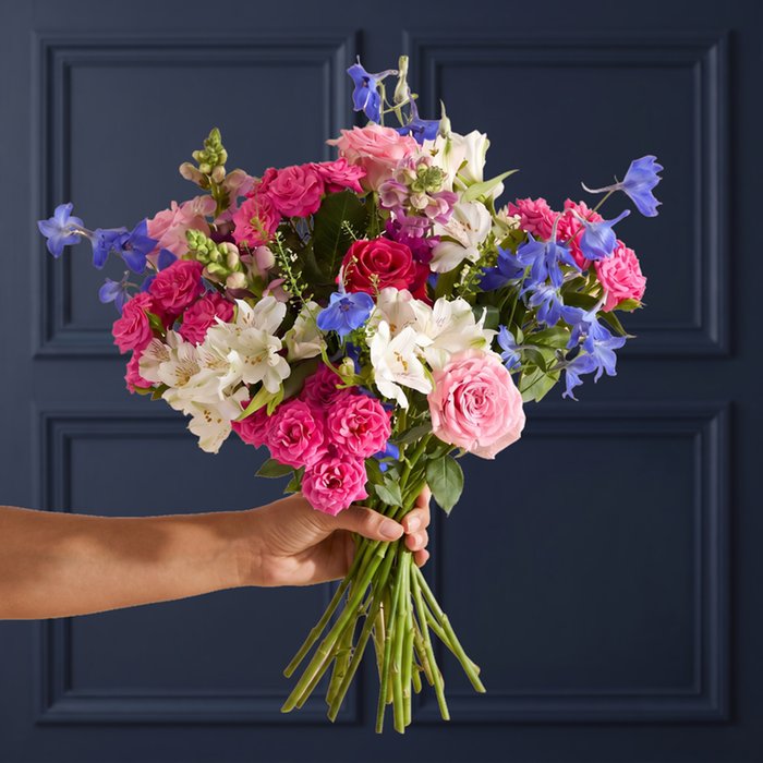 Blue Delphinium and Cerise Rose Bouquet
