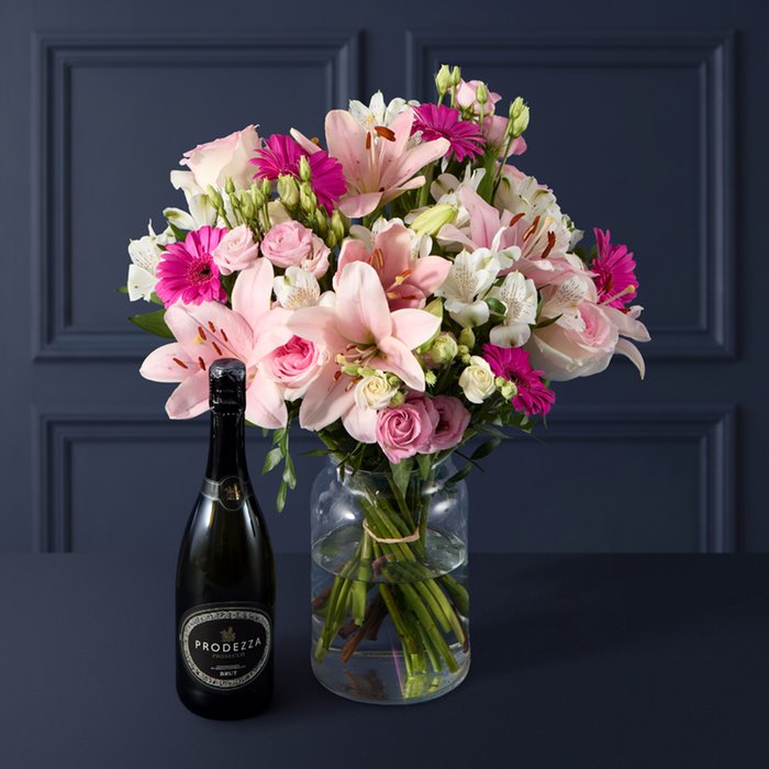 Pink Rose and Lily Bouquet with Prosecco