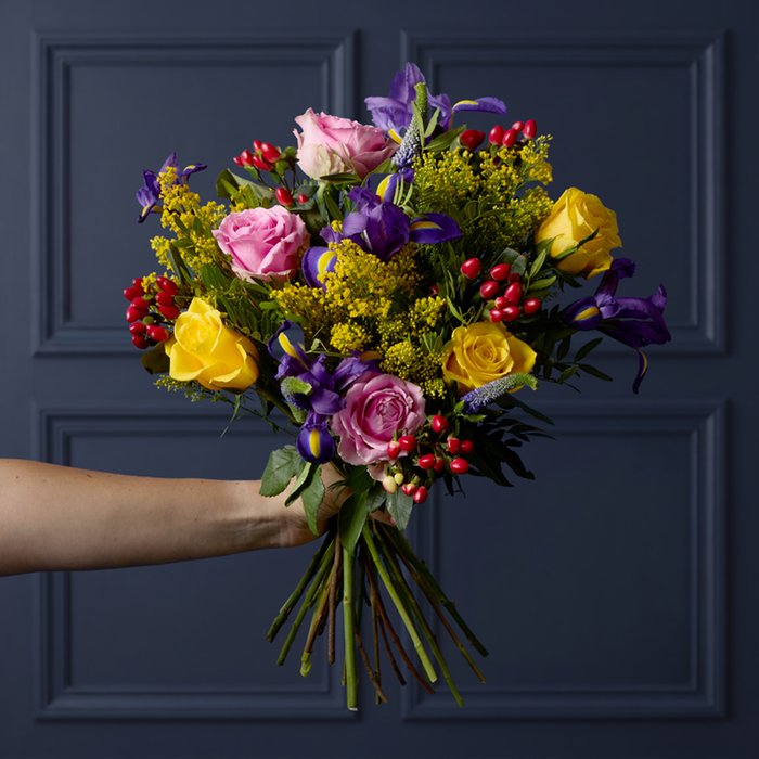 Red Hypericum and Blue Iris Bouquet