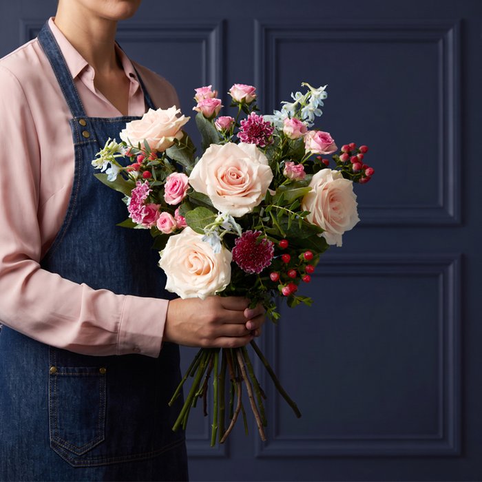 Mixed Rose, Pink Hypericum and Delphinium Bouquet