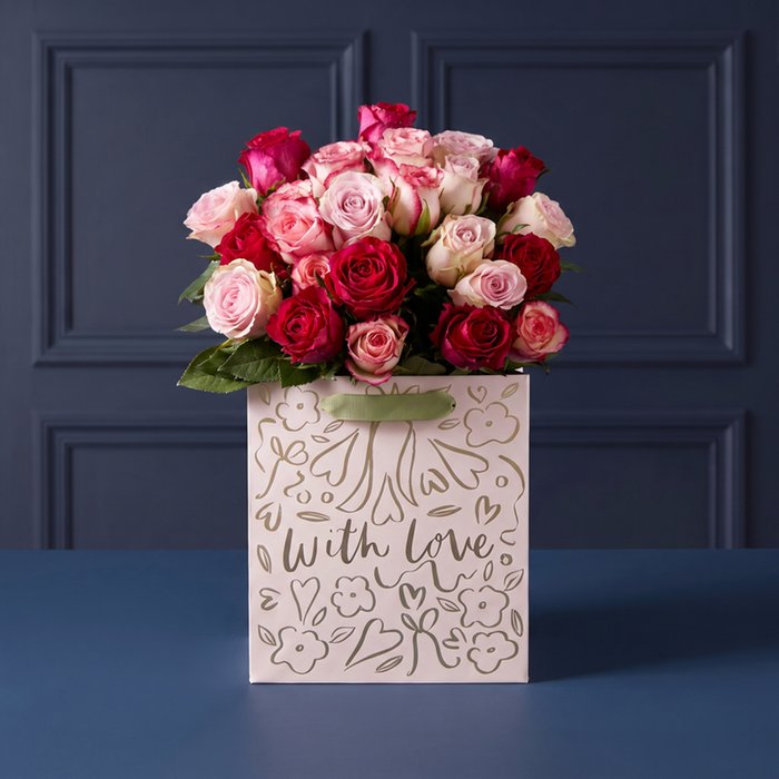 Pink & Cerise Mixed Roses in With Love Gift Bag