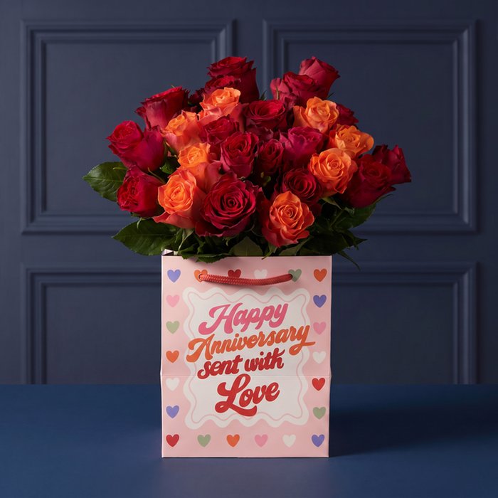 Red & Orange Mixed Rose Bouquet with Anniversary Gift Bag