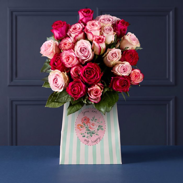 Pink and Cerise Mixed Rose Bouquet with Cath Kidston Gift Bag
