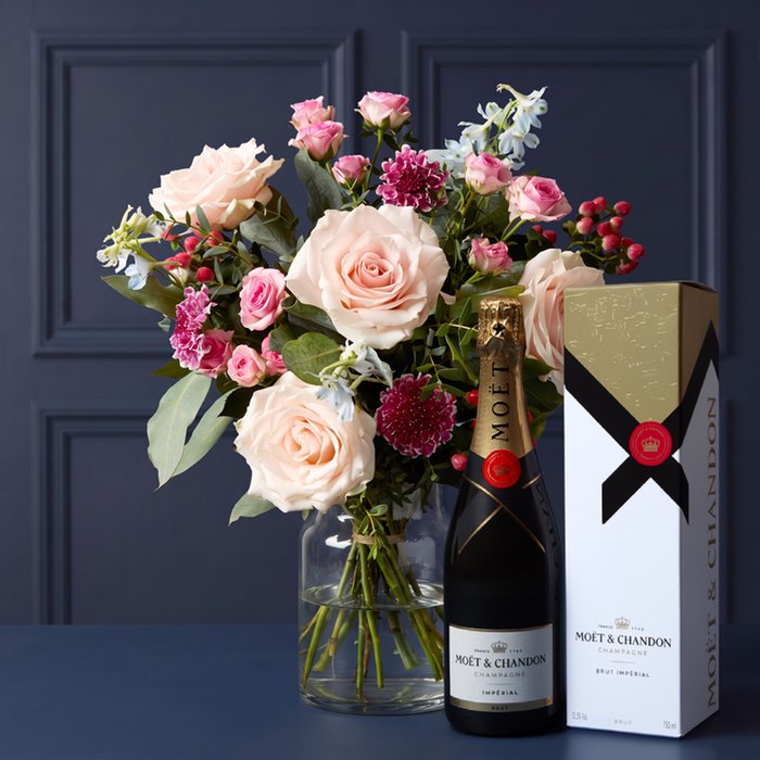 Mixed Rose, Pink Hypericum and Delphinium Bouquet with Moët Champagne 75cl Gift Box