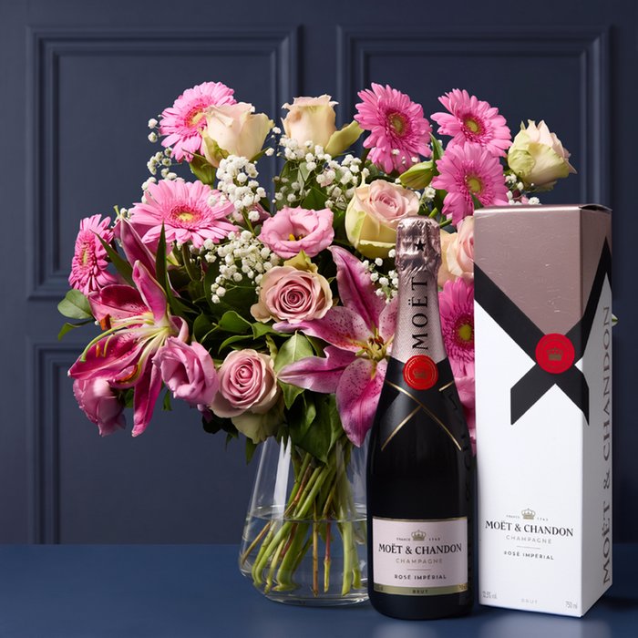 Pink Lily, Rose & Salal Bouquet with Moet Rose 75cl Gift Set