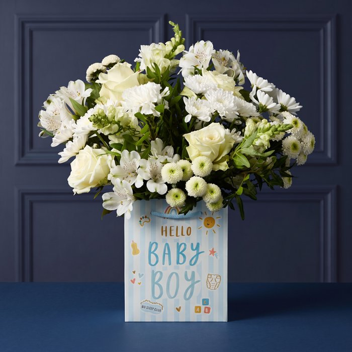 White Rose and Alstroemeria Bouquet with Baby Boy Gift Bag