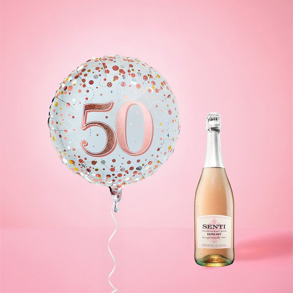 Virgin Wines 50th Birthday Balloon And Prosecco Rose Gift Set
