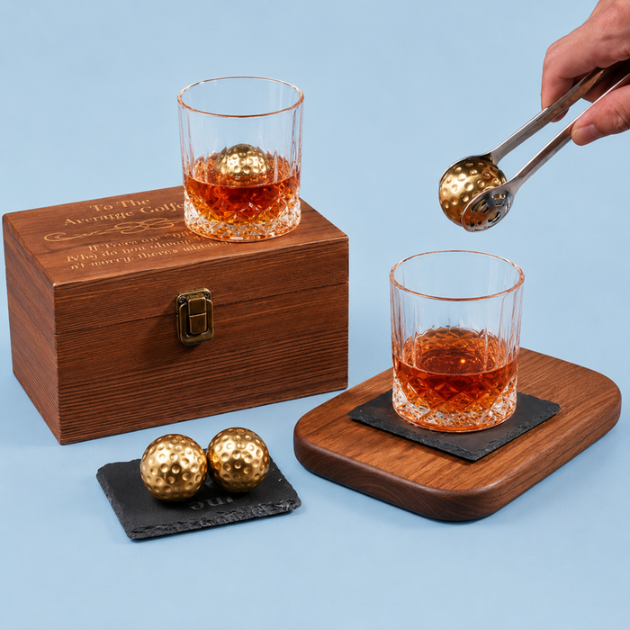 Golf Ball Whiskey Chillers & Glasses with Wood Gift Box