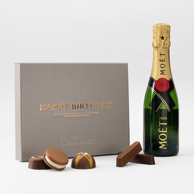 Hotel Chocolat Happy Birthday Gift Box & Moet Brut 20cl Gift Set