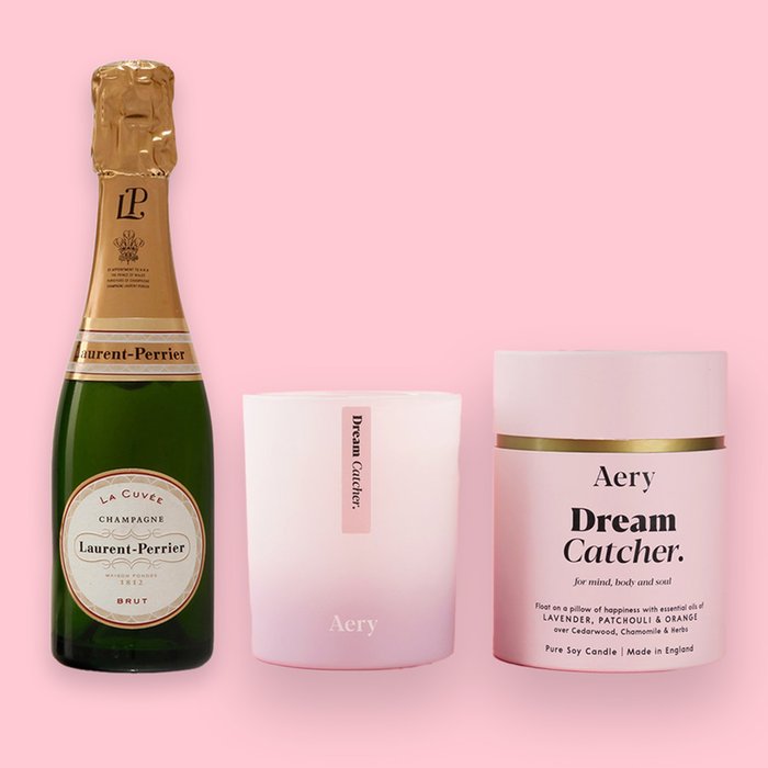 Laurent Perrier Brut 20cl & Aery Dream Catcher Candle Lavender, Patchouli and Orange Scented Gift Set