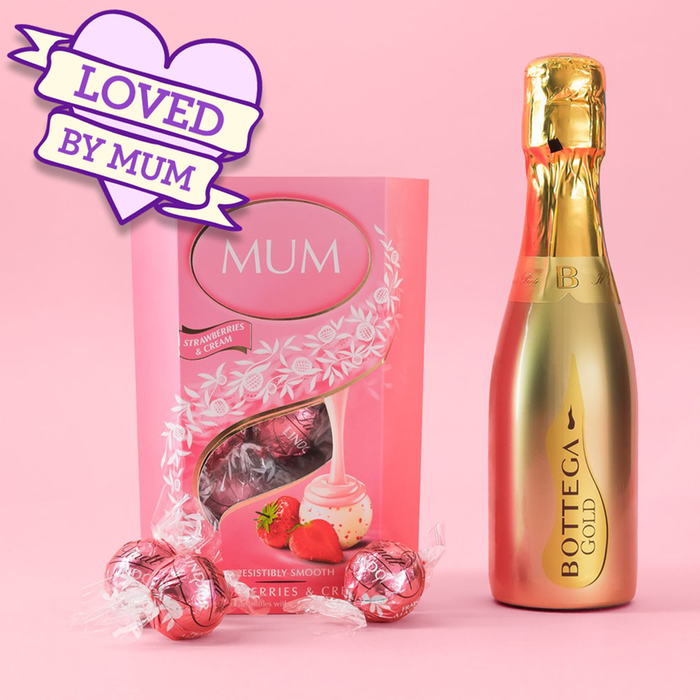 Mum Lindt Strawberries & Cream 200g Cornet & Bottega Gold 20cl Gift Set