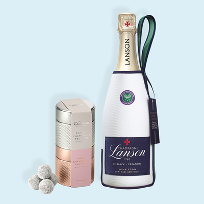 Lanson Le Black Création Brut NV 75cl Wimbledon Gift Pouch & Hotel Chocolat Pink and Classic Champagne Truffles Keepsake