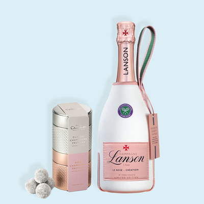   Lanson Le Rose Création Brut NV 75cl Wimbledon Gift Pouch & Hotel Chocolat Pink and Classic Champagne Truffles Keepsake
