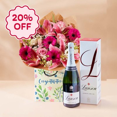 Congratulations Pink Blush Gift Set with Lanson Le White Label Sec Champagne 75cl