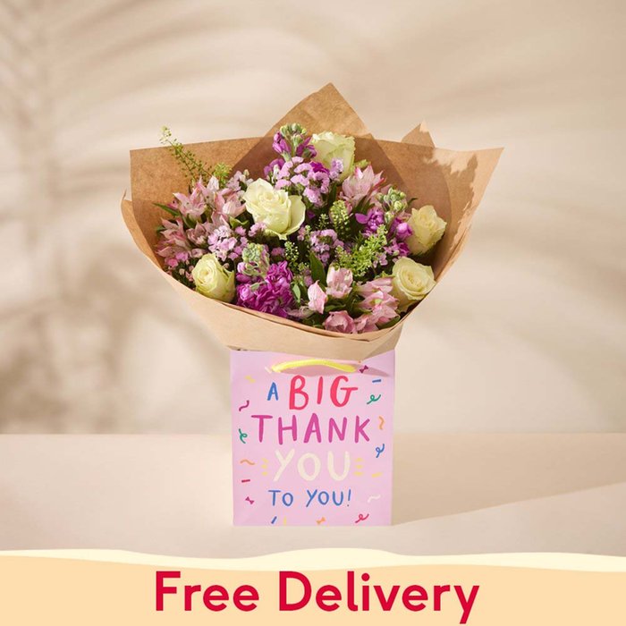 Big Thank You Gift Bag and Pink Bouquet