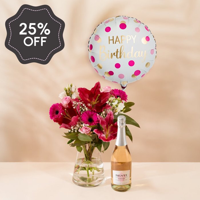 The Pink Blush Bouquet, Birthday Balloon & Rosé Gift Set