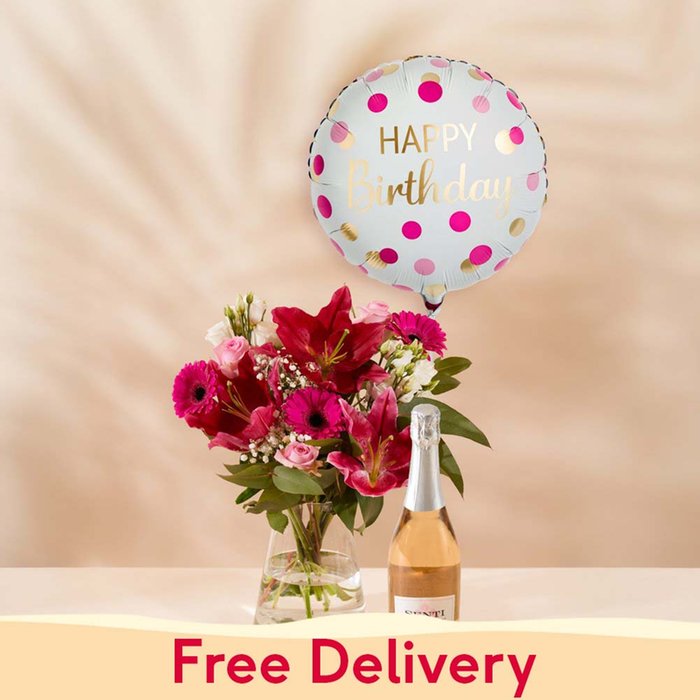The Pink Blush Bouquet, Birthday Balloon & Rosé Gift Set
