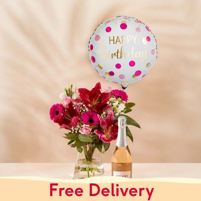 The Pink Blush Bouquet, Birthday Balloon & Rosé Gift Set