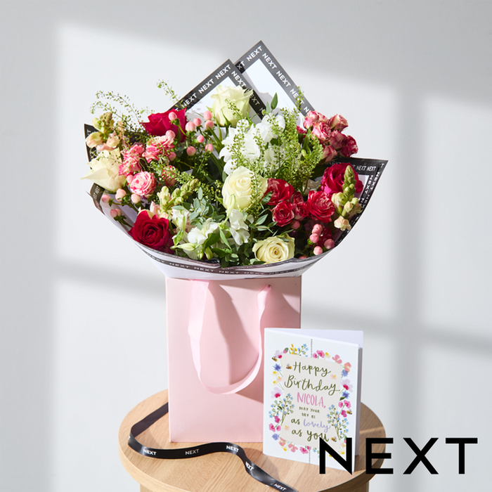 Cerise & White Rose, Antirrhinum & Spray Rose Bouquet in Gift Bag