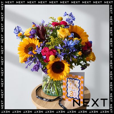 Sunflower, Rose & Blue Delphinium Fresh Flower Bouquet