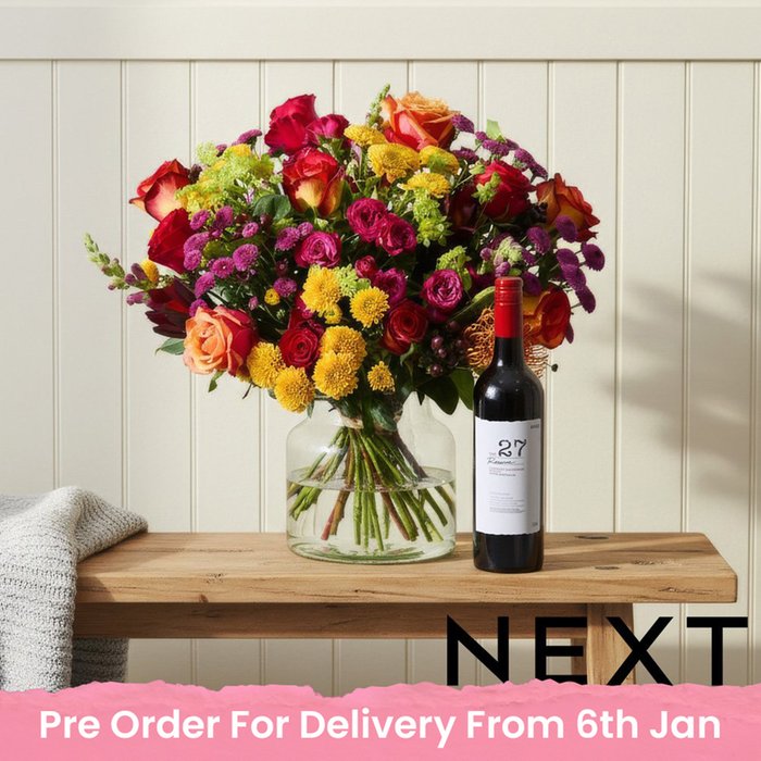 NEXT Rose & Santini Bouquet with VW Red Wine 75cl Gift Set