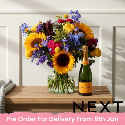 NEXT Sunflower, Rose & Delphinium Bouquet with Veuve Clicquot Gift Set