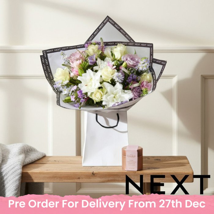 NEXT Pink & Lilac Lily Bouquet with Hotel Chocolat Champagne Truffles Gift Set