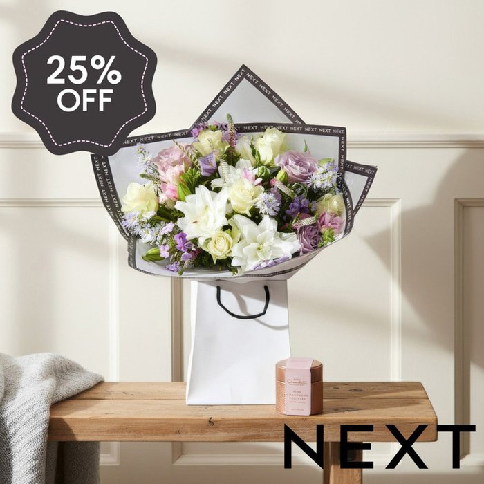 NEXT Pink & Lilac Lily Bouquet with Hotel Chocolat Champagne Truffles Gift Set